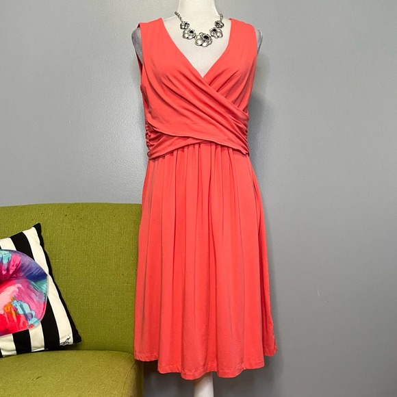Lands End Coral Pink/ Orange Pima Cotton Draped Cross Front Dress - Picture 1 of 6